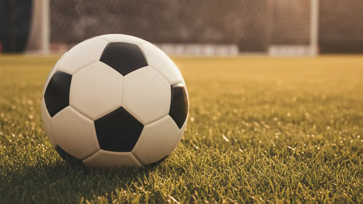 Generic image of a soccer ball on grass, with a blurred goal in the background.