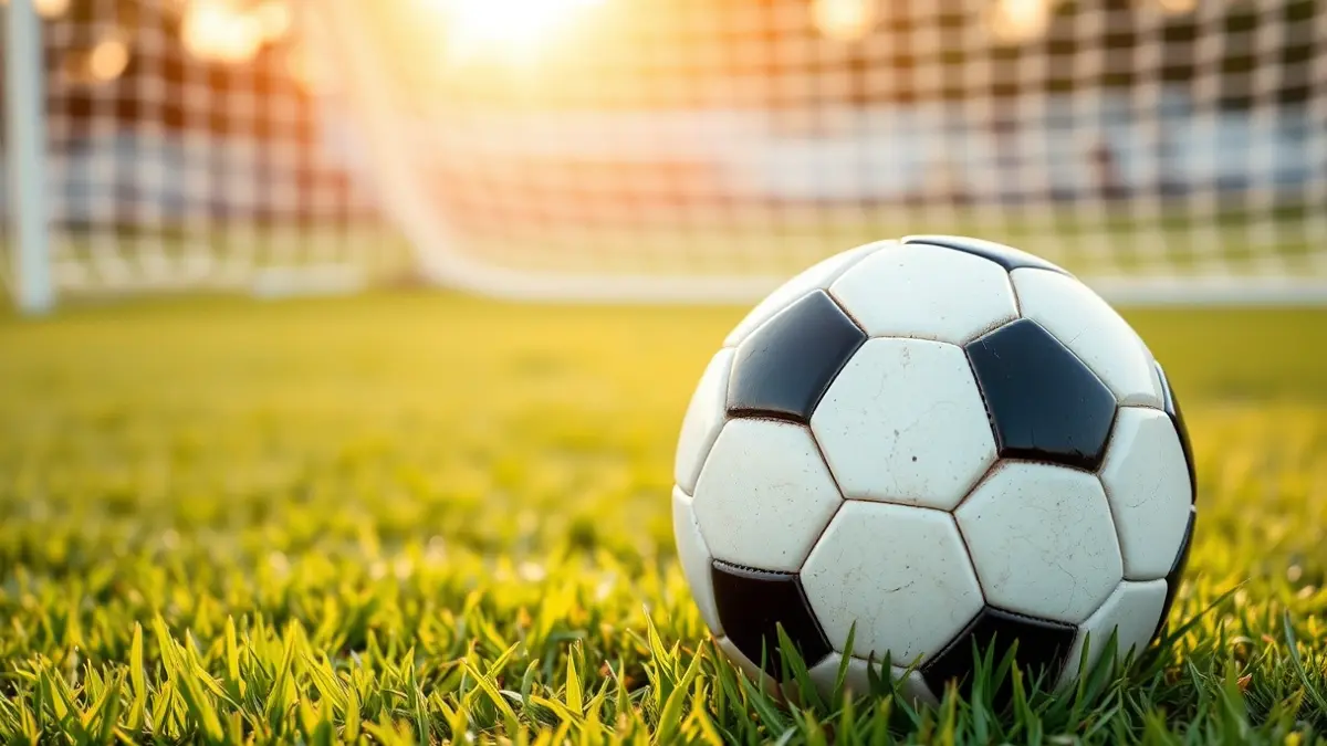 Generic image of a soccer ball on a grass field, with a blurred goal in the background.