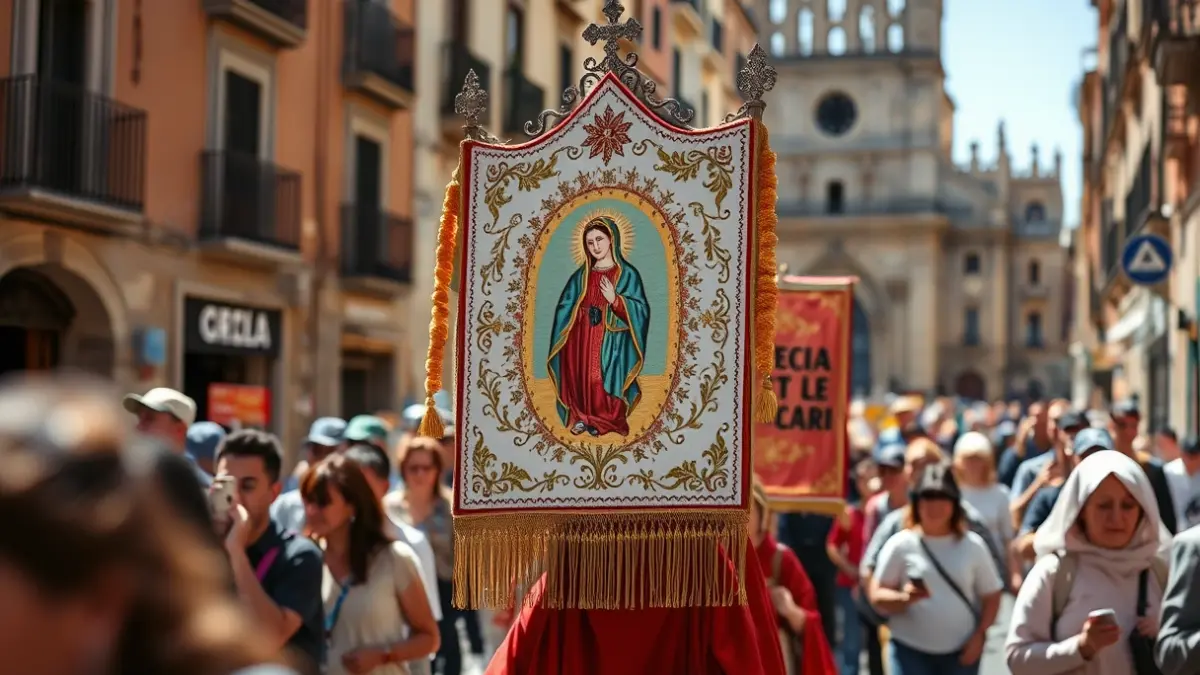 Imagen del simpecado de la Hermandad de Pilas en procesión por las calles de Sevilla.