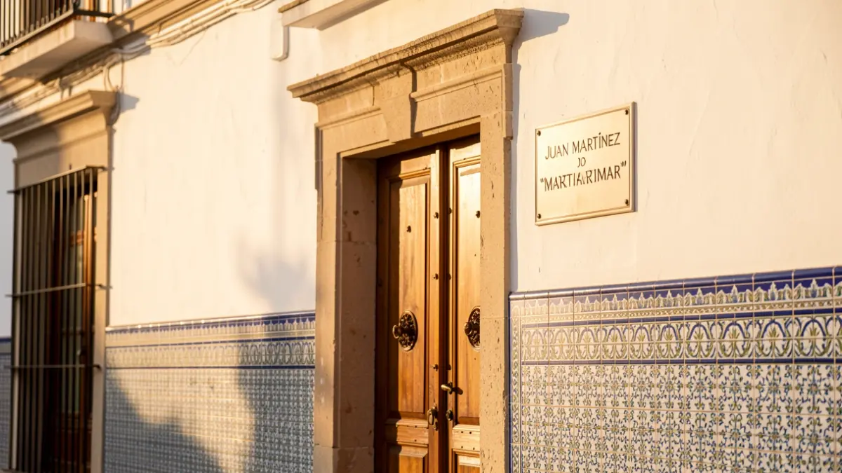 Fachada de la sede de la Asociación de la Prensa de Almería con una placa en honor a Juan Martínez 'Martimar'.