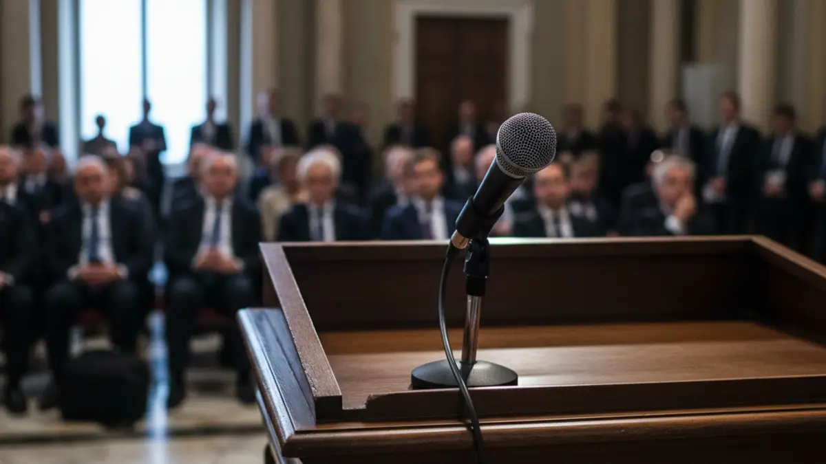 Generic image of a microphone on a podium, symbolizing a political debate or press conference.