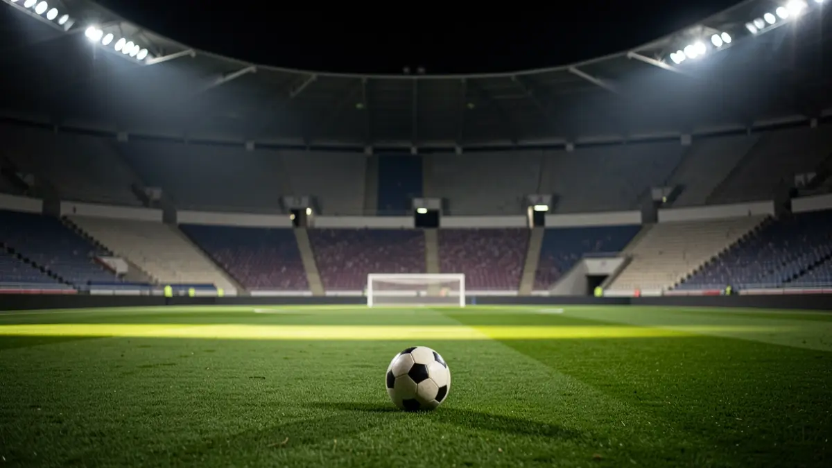 Imagen genérica de un campo de fútbol profesional por la noche.