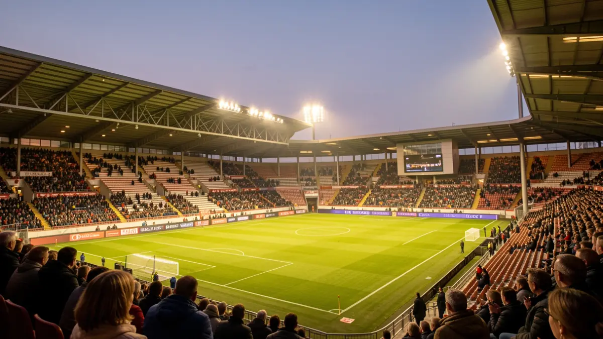 Imagen genérica de un estadio de fútbol polaco al atardecer.