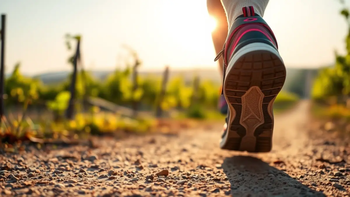 Generic image of a running shoe on a dirt path with vineyards in the background.