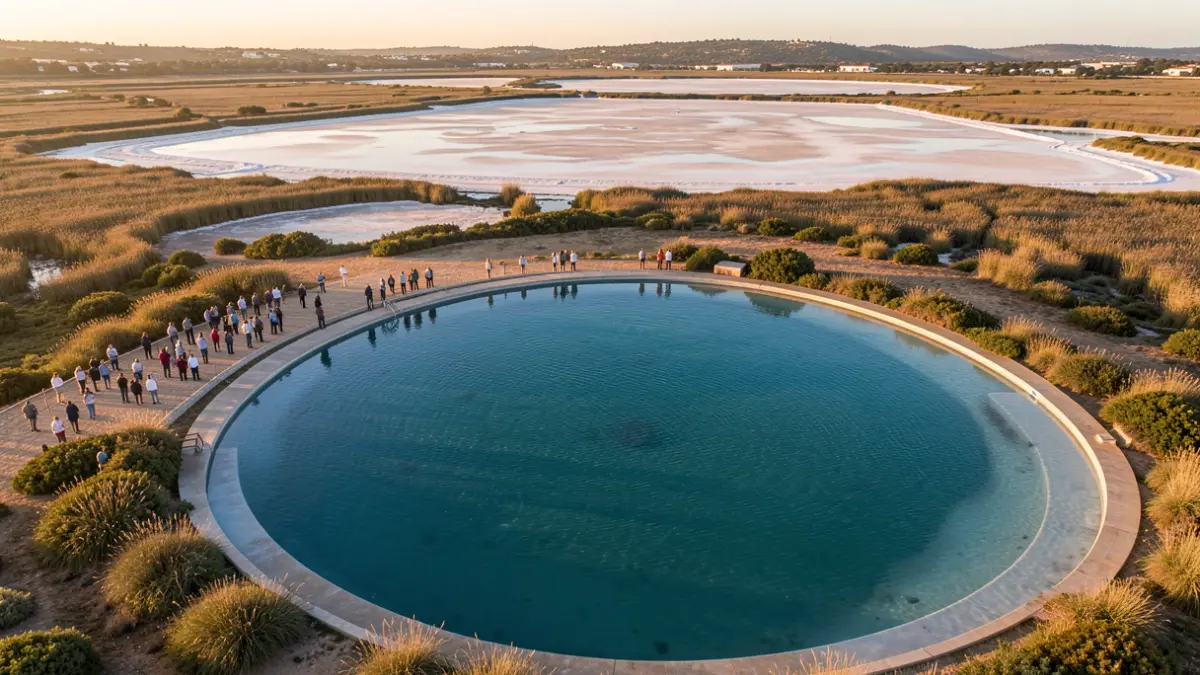 Aerial view of a large natural saltwater pool in a marshland and salt flat landscape in Cádiz.
