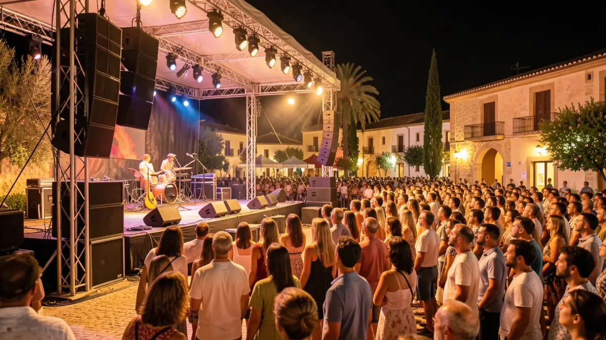 Outdoor music festival stage during a summer night in Andalusia.