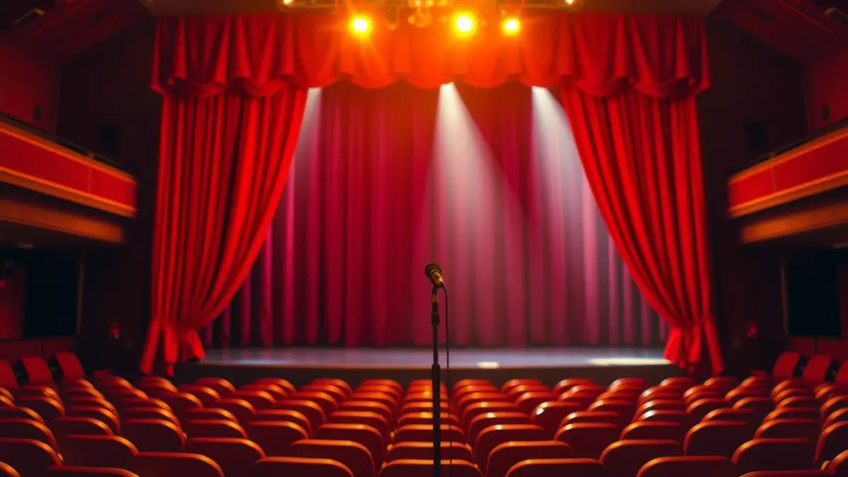 Imagen genérica de un escenario de teatro con cortinas rojas y un micrófono.