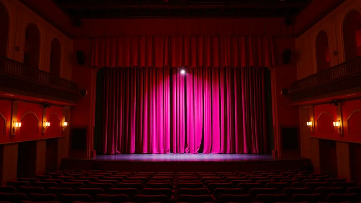 Imagen genérica de un escenario de teatro con cortinas rojas y un foco de luz.