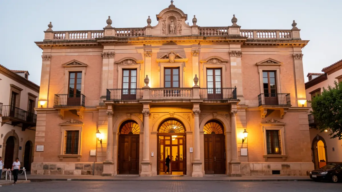 Fachada del Teatro Isabel la Católica en Granada durante la noche.
