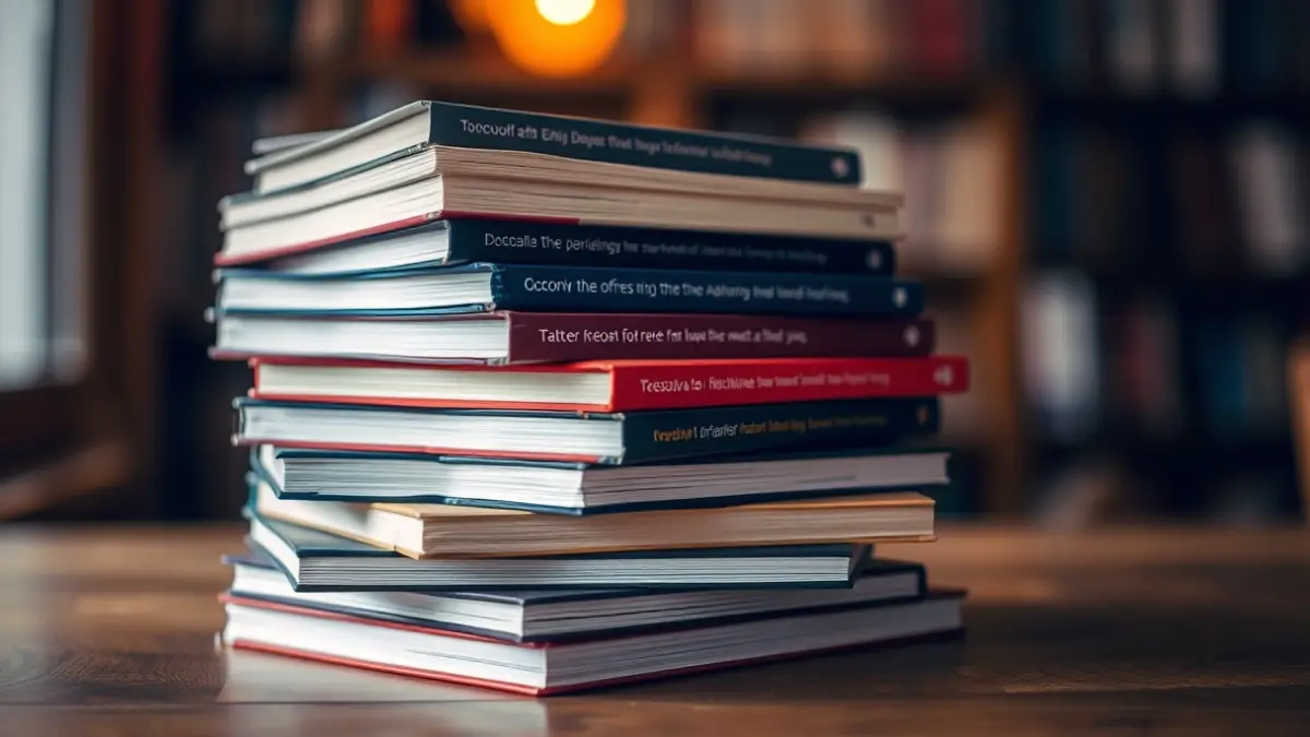 Imagen genérica de libros apilados en una mesa de madera con luz cálida.