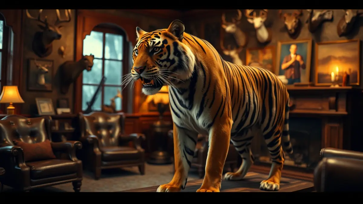 Image of a taxidermied tiger in an estate, a symbol of a bygone era.