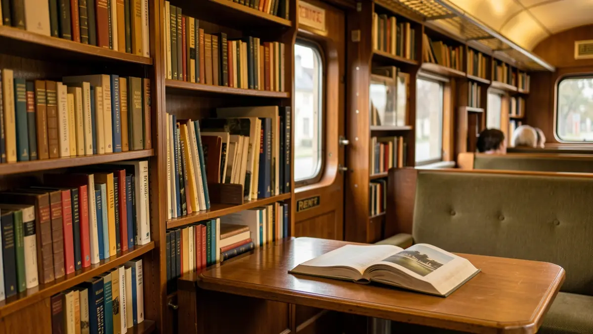 Interior de un vagón de tren antiguo de Renfe con libros y luz ambiental.