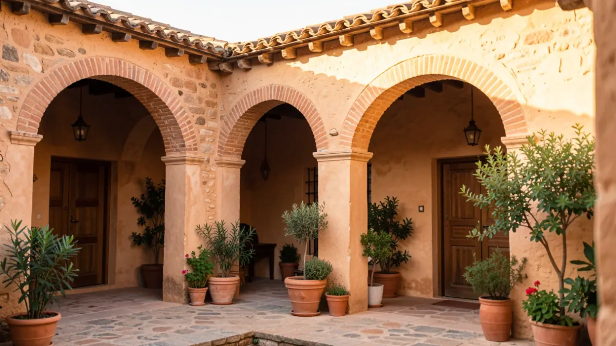 Patio rústico de un cortijo andaluz con arcos y plantas, iluminado por el sol de la tarde.