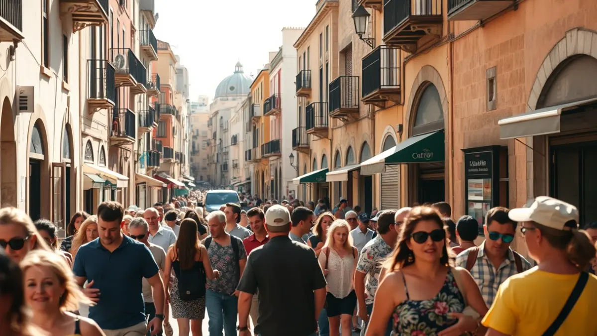Image of a busy street in an Andalusian city, reflecting tourist activity.