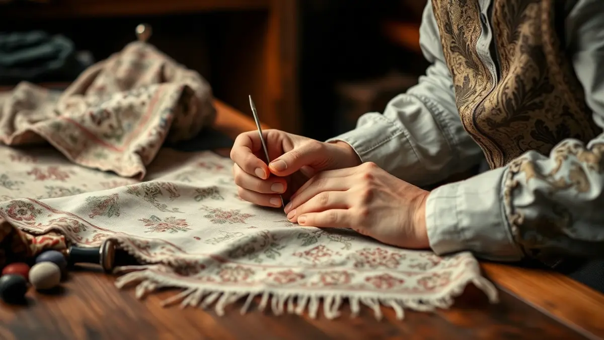 Generic image of a tailor's hands working in a workshop with historical fabrics and patterns.