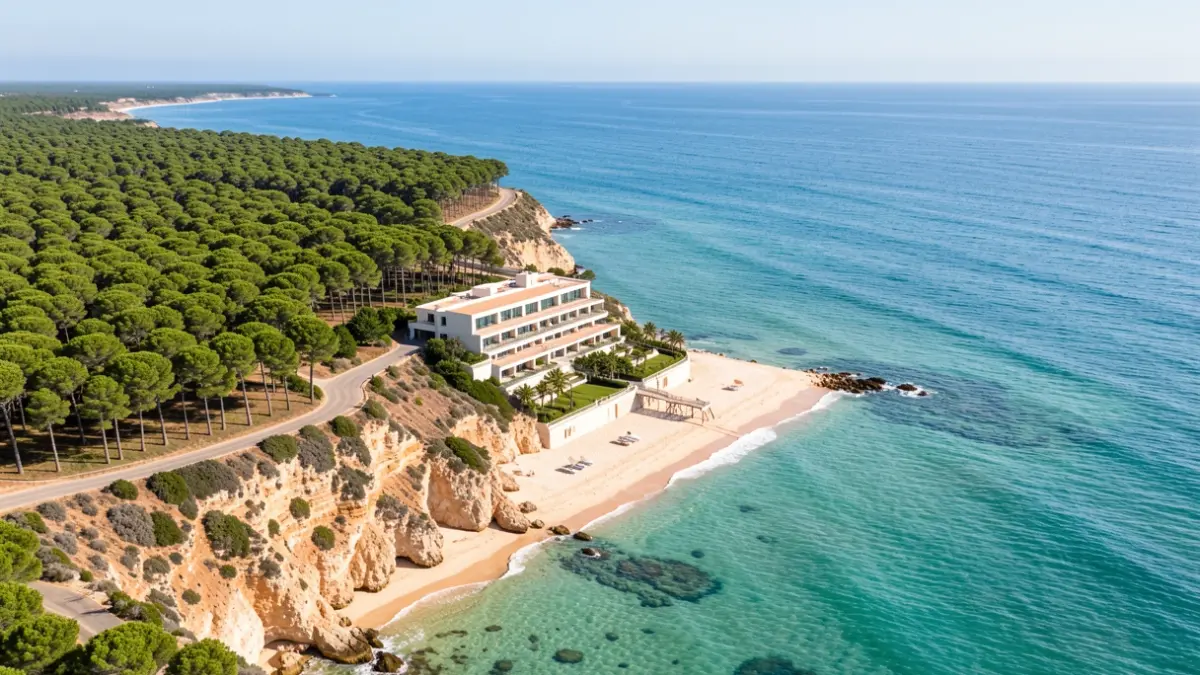 Aerial view of a luxury hotel on a cliff with a private beach and Doñana National Park in Huelva.