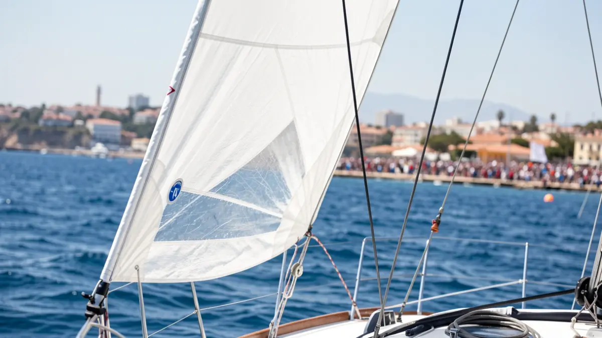 Imagen de una vela de barco hinchada por el viento en la Regata Mar de Alborán, con la costa de Málaga al fondo.