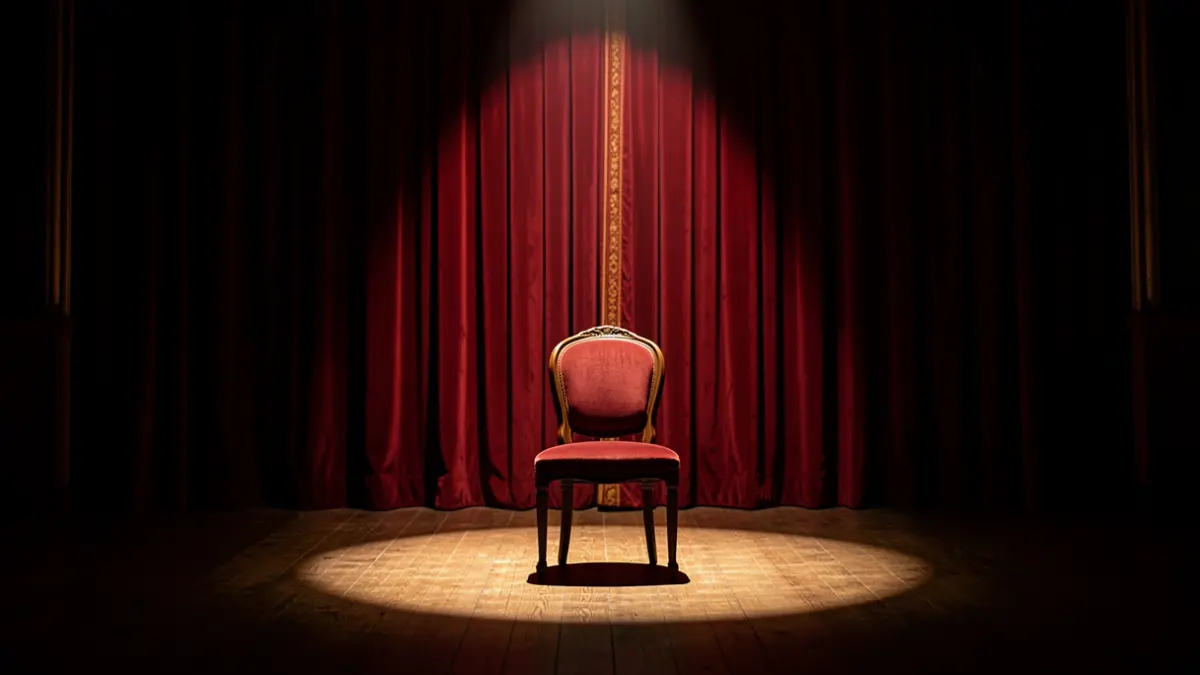 Imagen genérica de un escenario de teatro vacío con una silla iluminada por un foco.