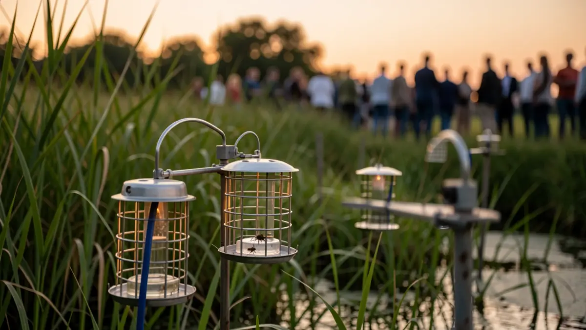 Close-up of mosquito traps in a marshy area at dusk, with warm, diffused light. Blurred green vegetation in the background.