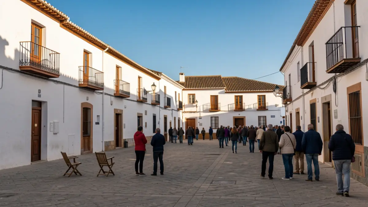Generic image of an Andalusian square with white buildings and afternoon light.