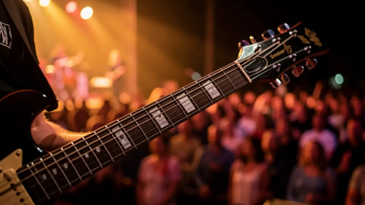 Image of an electric guitar on a stage during a music festival.