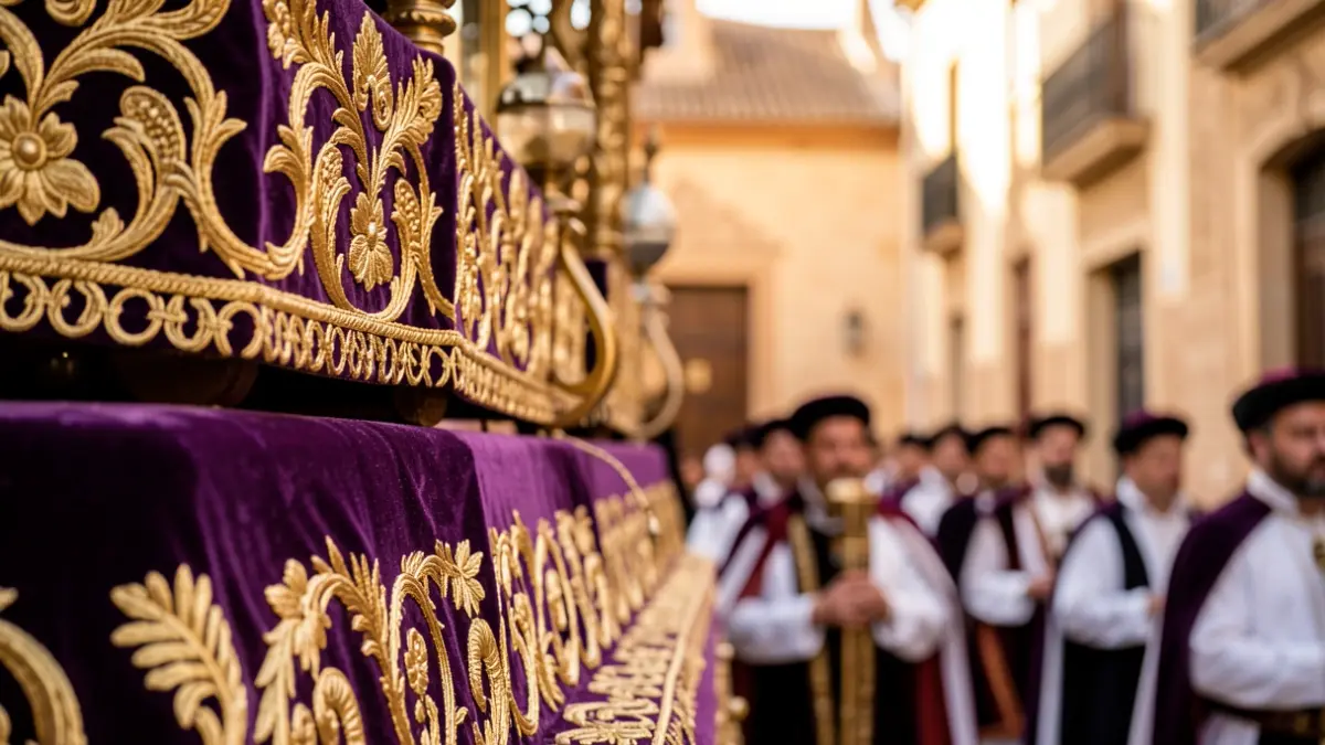 Image of a Holy Week procession float with embroidered robes and Andalusian architecture.