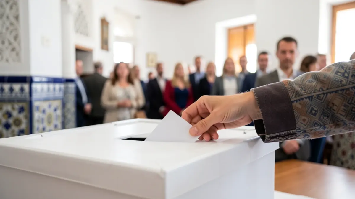 Primer plano de una urna electoral con una mano introduciendo un voto en unas elecciones en Andalucía.