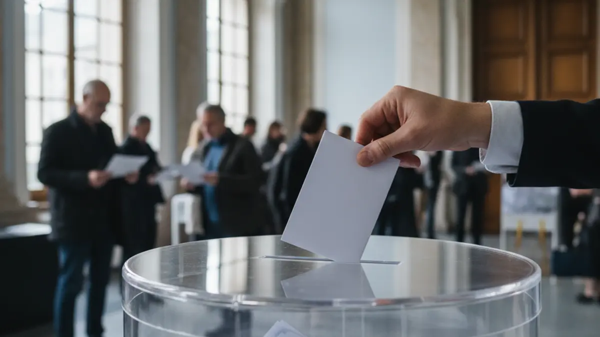 Imagen genérica de una urna electoral en un colegio, con personas votando al fondo.