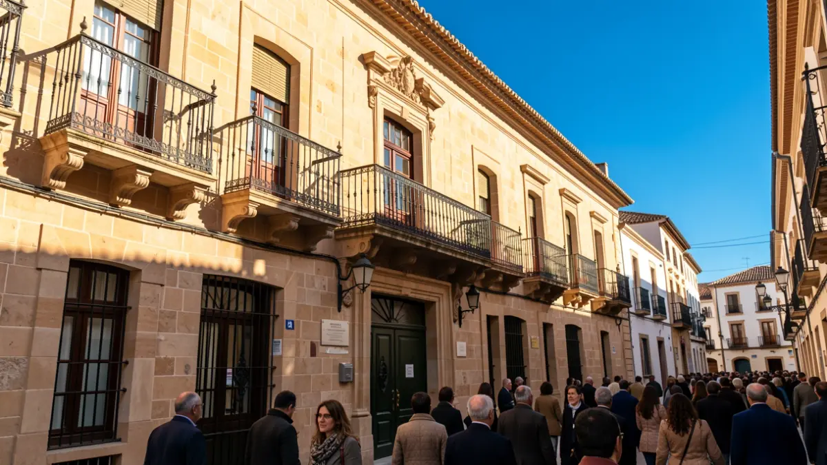 Fachada de un ayuntamiento andaluz con balcón y barandillas de hierro, luz cálida de la tarde.