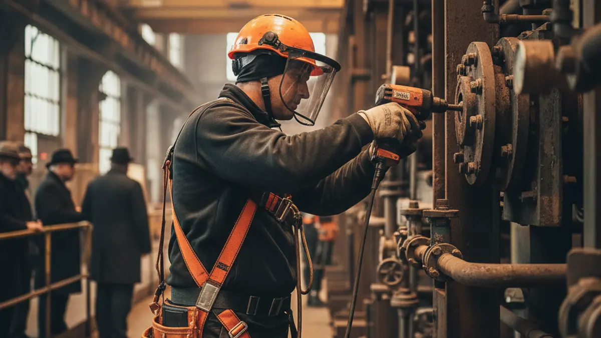 Generic image of a worker performing high-altitude maintenance tasks in an industrial setting.
