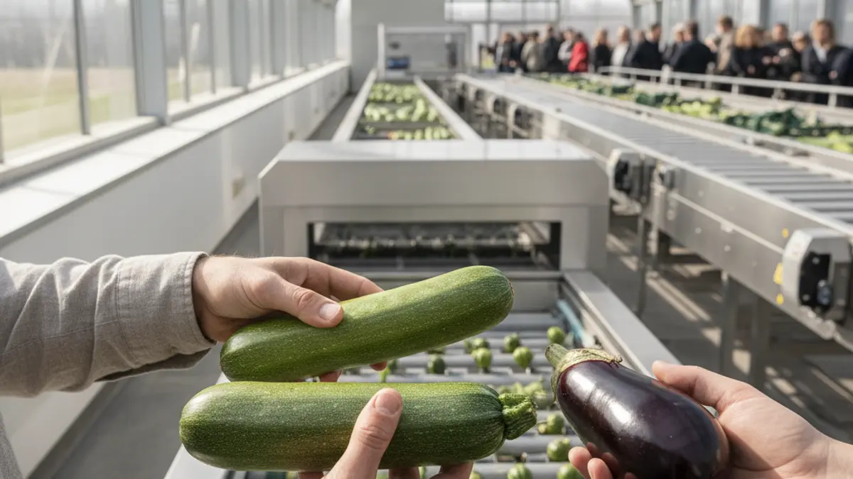 Image of zucchini and eggplants in a horticultural plant.