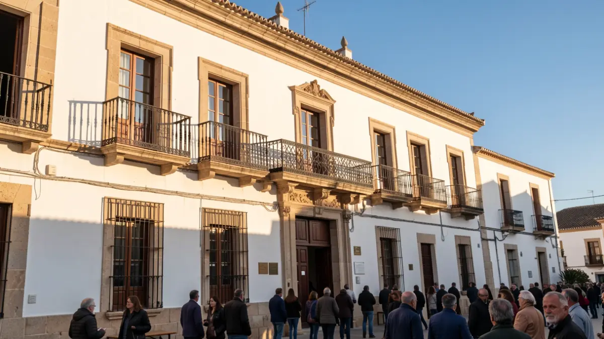 Fachada del ayuntamiento de Tarifa, edificio blanco de arquitectura andaluza con balcón y barandillas de hierro, bajo la luz del sol de la tarde y cielo azul.