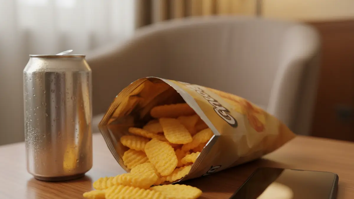 Image of a bag of cheese snacks, a drink can, and a mobile phone on a table.