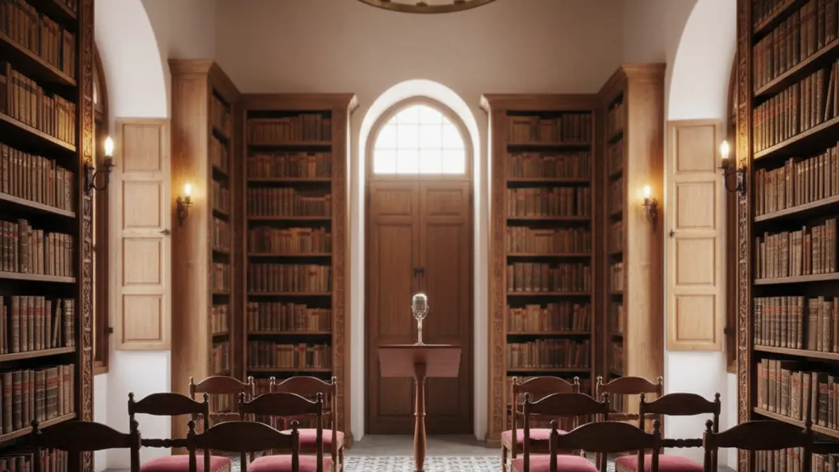 Generic image of a literary space with a microphone and empty chairs, in an Andalusian setting.
