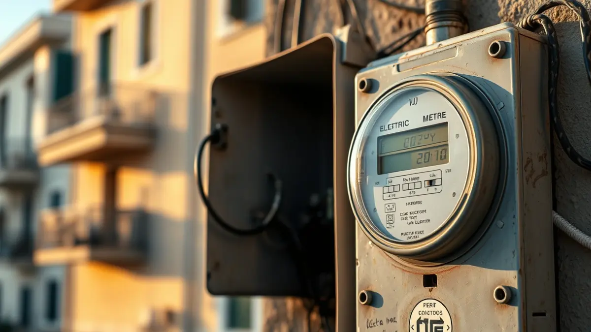 Generic image of an electric meter box with wires, some tampered with, on a residential building.