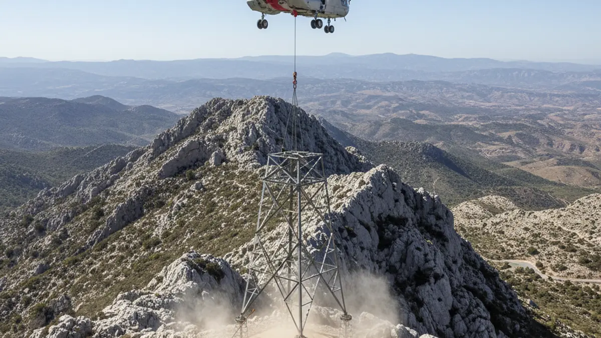 Helicopter transporting an electrical pole in a mountainous area of Jaén.
