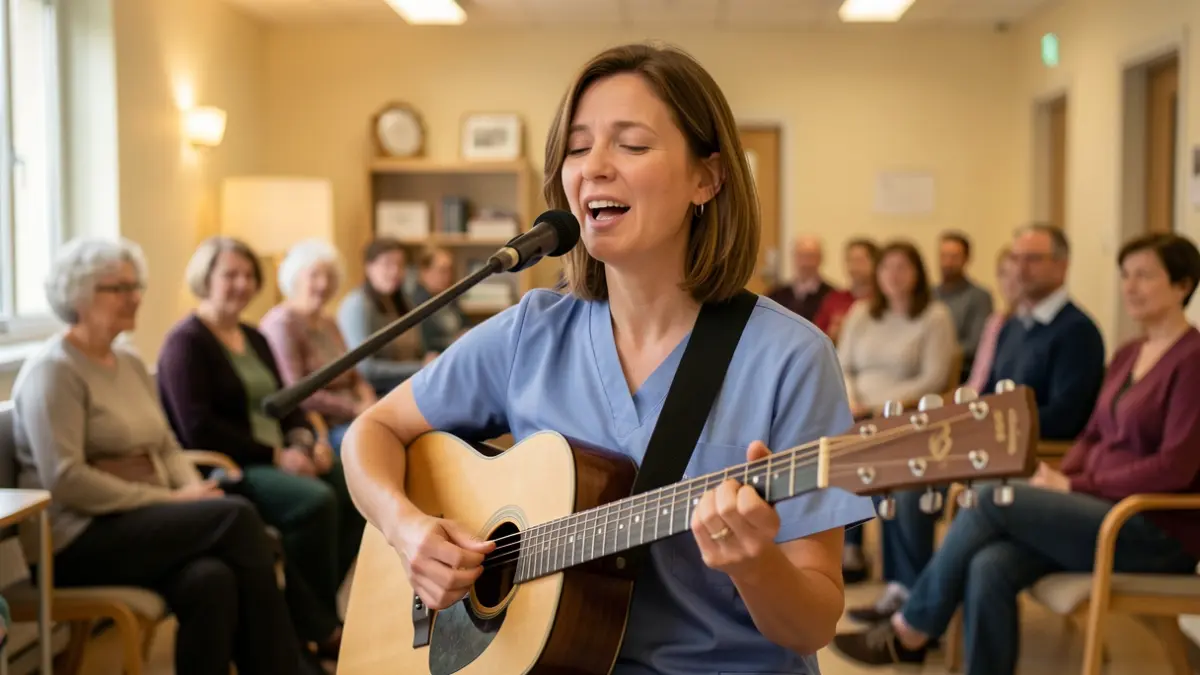 Imagen genérica de una enfermera cantando a pacientes en una unidad de salud mental.