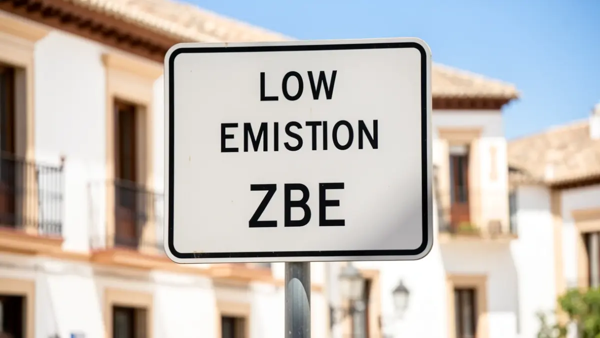 Señal de Zona de Bajas Emisiones (ZBE) en una calle de Cádiz con arquitectura andaluza.