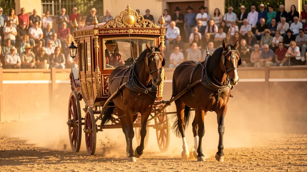 Carruaje tradicional andaluz tirado por caballos en una exhibición.