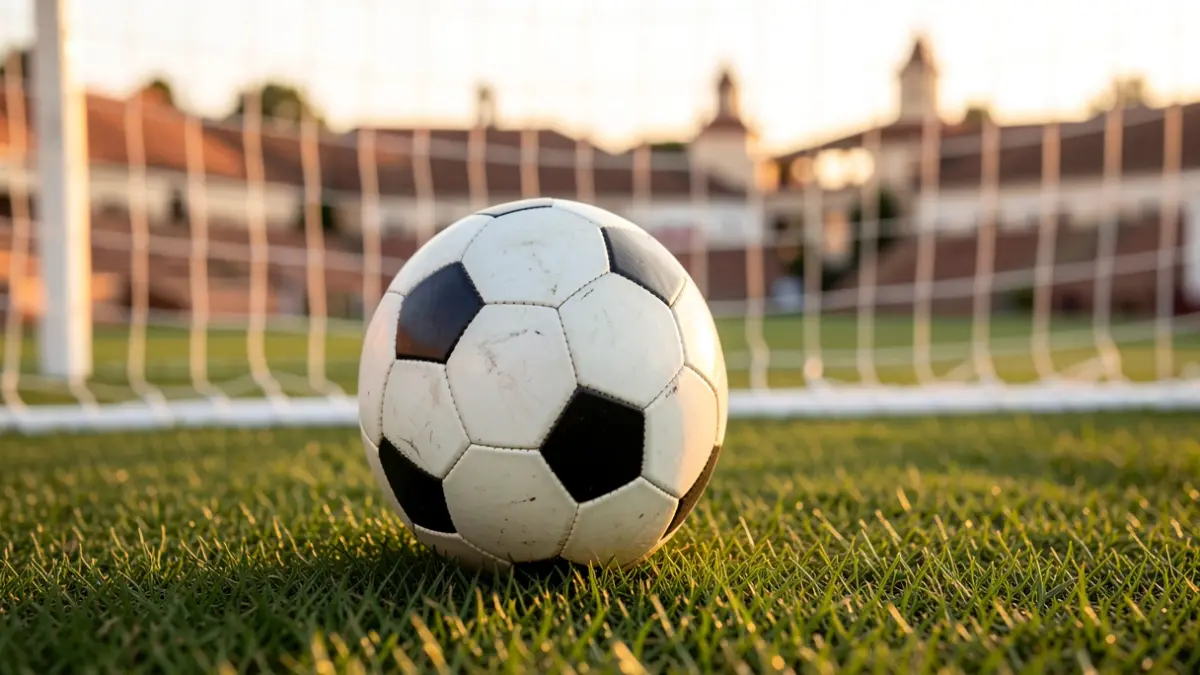 Imagen genérica de un balón de fútbol sobre césped con la red de la portería desenfocada.