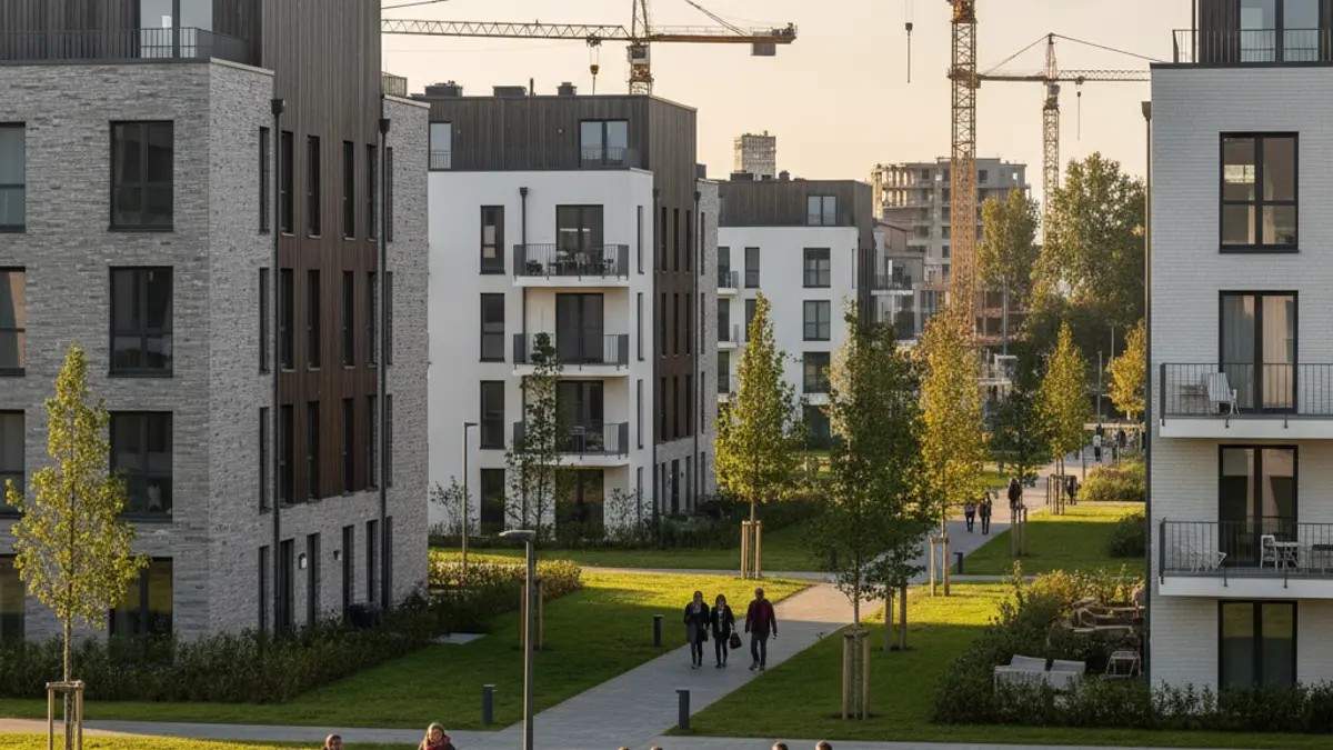 Imagen de un nuevo desarrollo urbanístico con edificios modernos y zonas verdes.