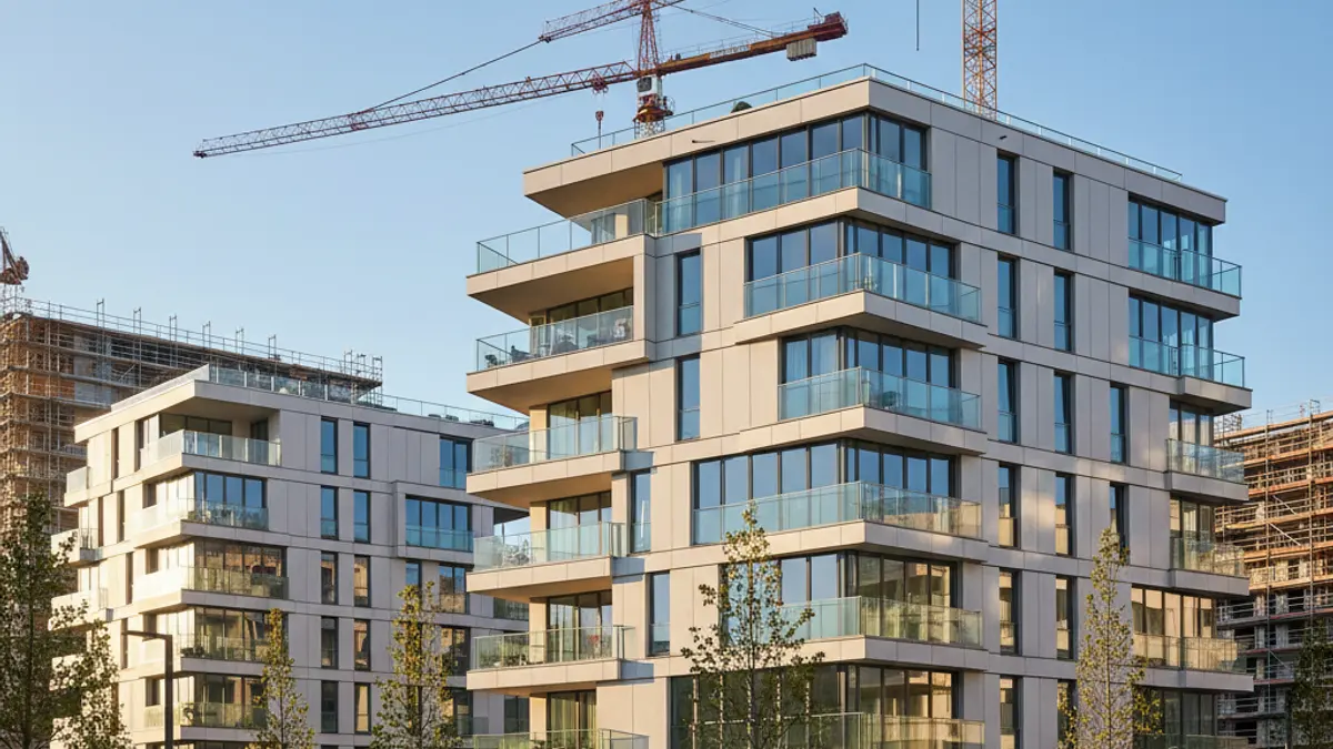 Image of modern residential buildings in a new construction area with cranes in the background.