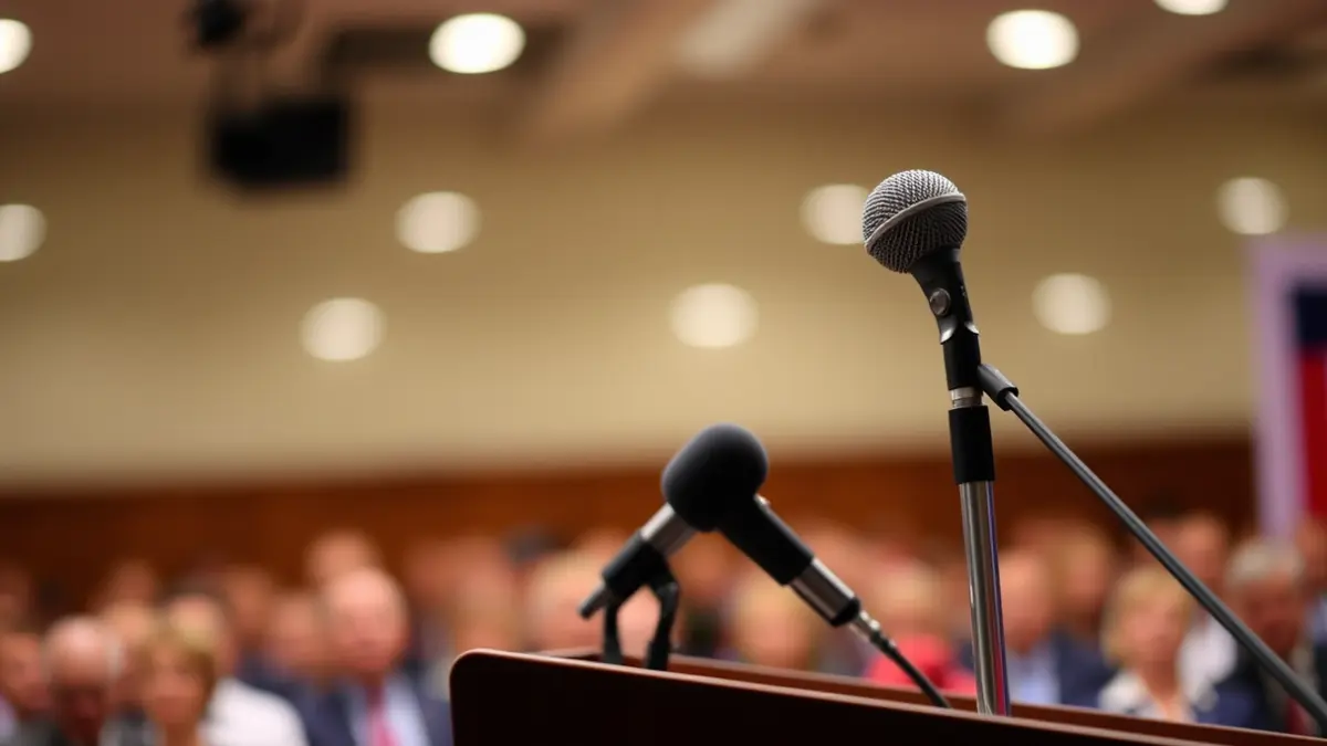 Generic image of a microphone on a podium, symbolizing a political event or public statement.