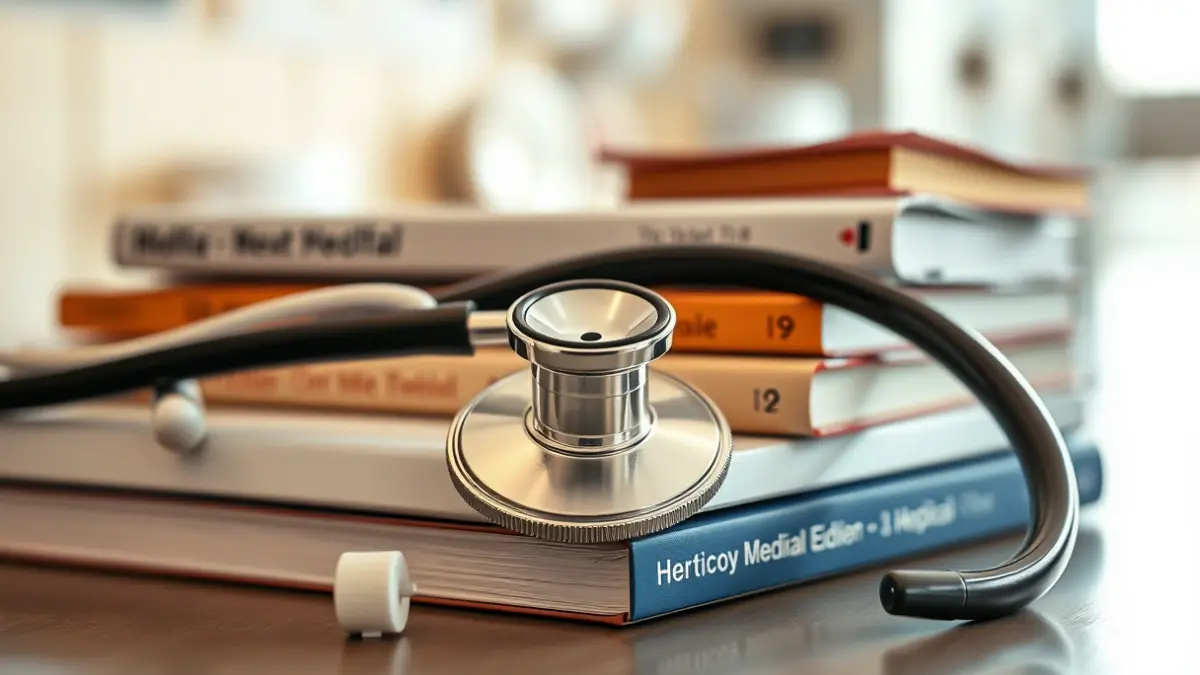 Imagen genérica de un estetoscopio sobre libros de medicina, simbolizando la formación médica.