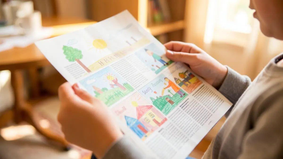 Imagen de cerca de las manos de un niño sosteniendo la portada de un periódico hecho a mano con dibujos coloridos.