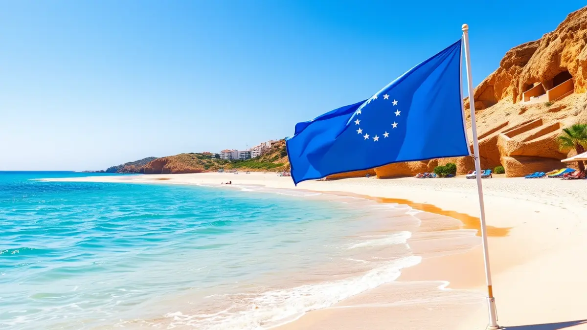 Image of an Andalusian beach with a blue flag, symbolizing Spain's quality and leadership in this distinction.