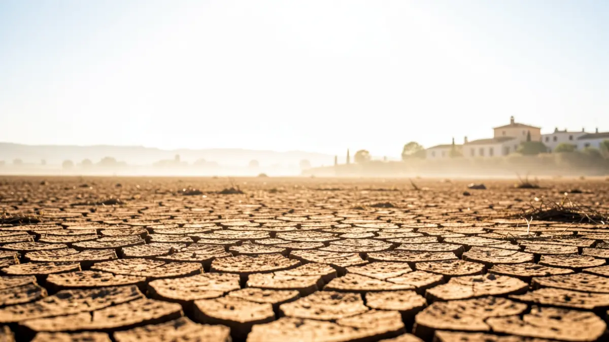 Imagen genérica de una ola de calor en Andalucía con sol abrasador y tierra agrietada.