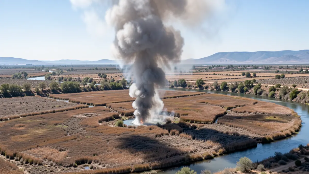 Generic image of a column of smoke over a marshland.