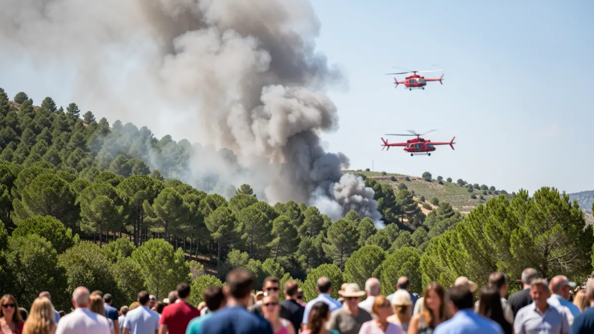 Imagen genérica de humo de incendio forestal con un helicóptero de extinción en Andalucía.