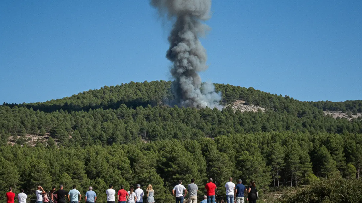 Generic image of a column of smoke rising above a forest, with blurred emergency lights in the foreground.